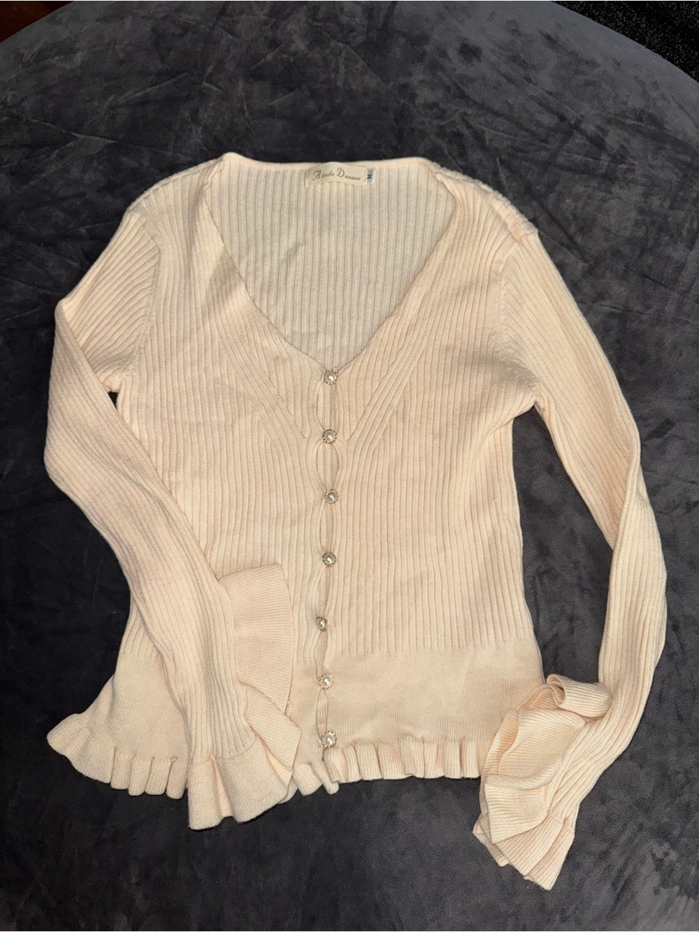 Ribbed V-Neck Cardigan Sweater Button Up with Ruffles